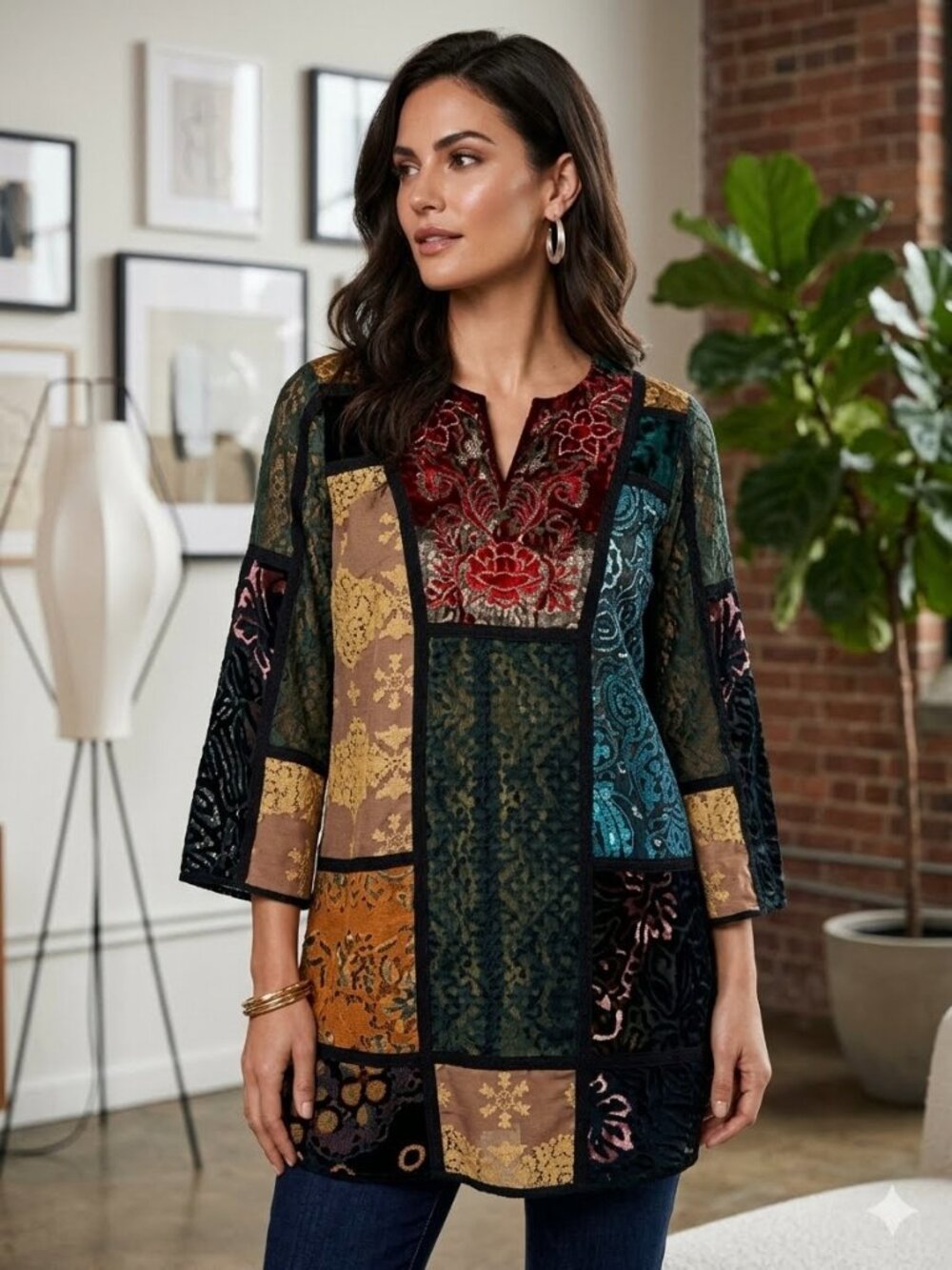 Soft Surroundings Boho Oversized Patchwork Tunic Blouse Black Multi PXL